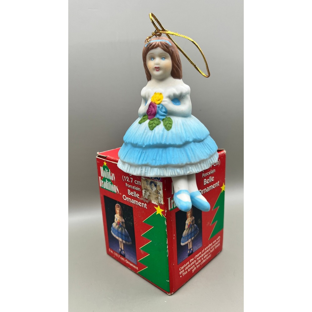 Vtg Holiday Traditions Porcelain‎ Belle Ornament Bell Dress Blue Original Box 5"